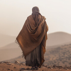 Back view of a Bedouin in the desert. Generative AI. - obrazy, fototapety, plakaty