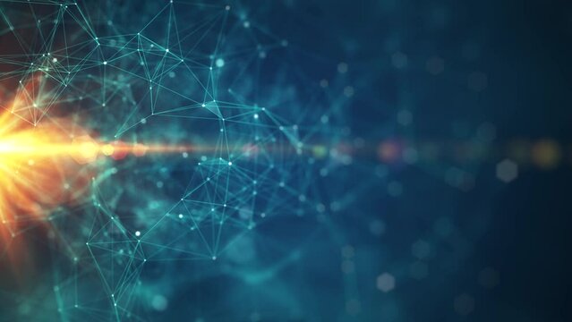 Abstract connected dots and lines. Concept of AI technology, Motion of digital data flow. Communication and technology network concept with moving lines and dots. 3D rendering