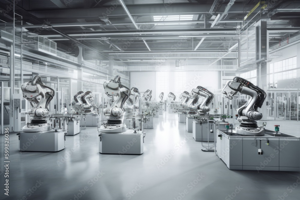 Poster group of robots working together in a factory. generative ai