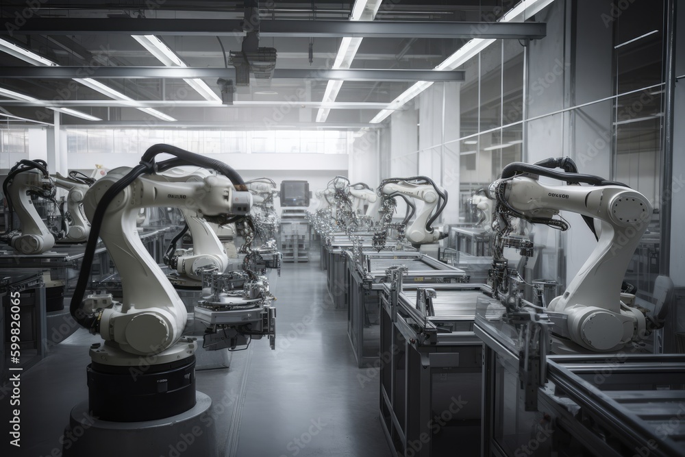 Poster group of robots working together in a factory. generative ai