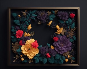Beautiful colorful 3D floral frame in flat black background digital art. Generative AI