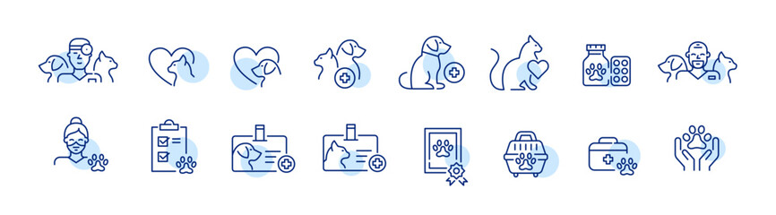 Pet healthcare. Veterinary clinic. Pixel perfect, editable stroke line icons set