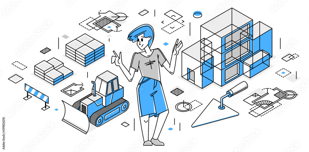 Poster building architecture designer vector outline trendy illustration, construction engineer working on 