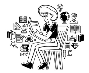 Education in university or collage, student is doing homework or preparing for exam, vector outline illustration, study sciences and graduate.