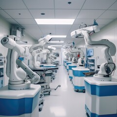 Team of robots working in a hospital setting. Generative AI
