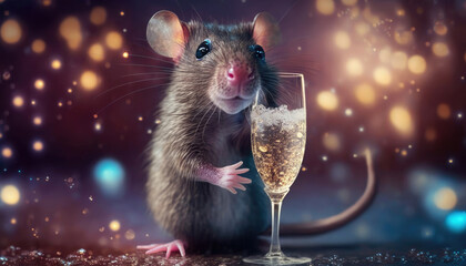 Funny rat or mouse cheers at celebration new year's eve party. Generative ai