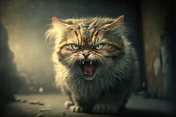Hissing stray cat realistic portrait