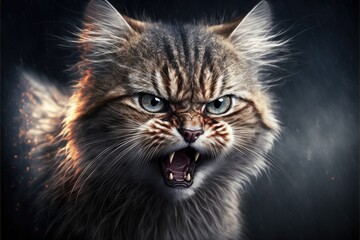 Head portrait of hissing tabby cat. Realistic art.
