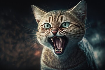 Short-haired cat showing fangs. Realistic portrait.