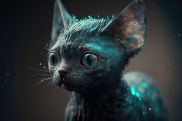 Alien kitten portrait with glowing particles on fur