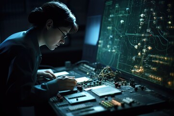 Technician working on a complex array of electronic components. Generative AI