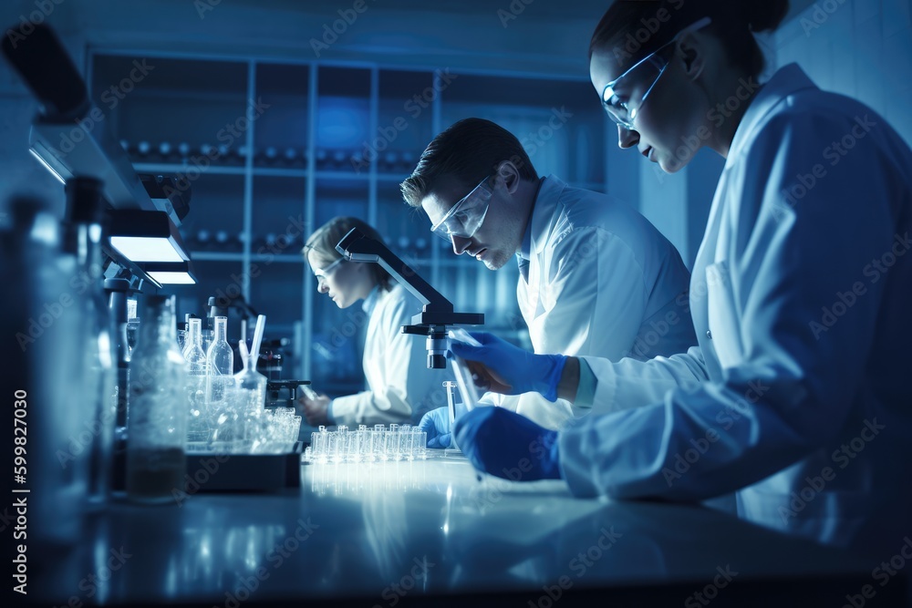 Poster team of scientists working in a laboratory, carefully conducting experiments and analyzing data. gen