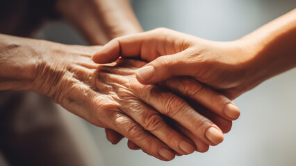 helping hands elderly, care for the elderly concept. old and young holding hands on light background