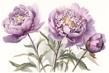 Watercolor realistic picture of a purple peony flower. Floral vintage arrangement. Botanical illustration for greeting cards, bouquets, wreaths, wedding invitations and summer backgrounds.