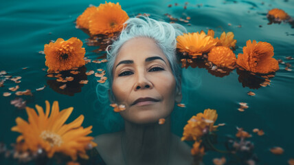 Creative portrait of a beautiful middle age woman. Concept of a mindfulness, woman health and anti-aging created with generative ai tools - obrazy, fototapety, plakaty