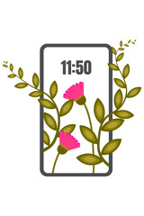 Decorative picture of two phones with yellow plants and pink flowers growing out of the phone screen.