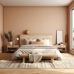 Natural Wood Furniture Bedroom Mockup with Beige Color Scheme. Generative AI