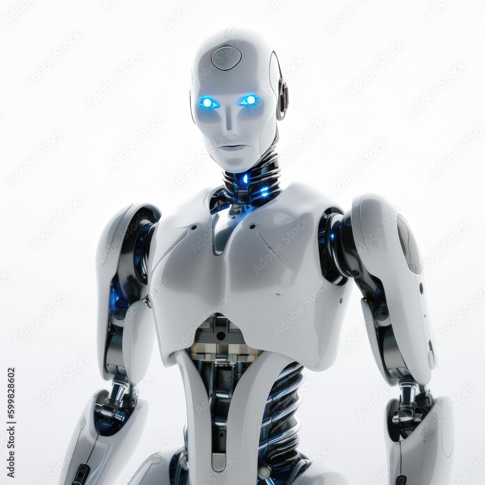 Poster humanoid robot stands against a stark white background generative ai