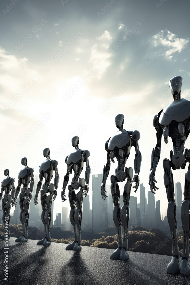Poster sophisticated robots stand are arranged in a row, backdrop of a glittering city. generative ai
