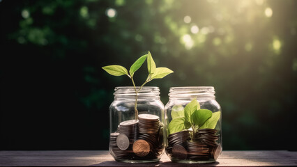 Financial Growth Concept - Plant Growing from Coins in a Glass Jar on a Blurred Natural Background
