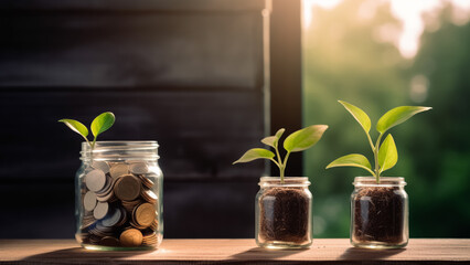 Fototapeta na wymiar Financial Growth Concept - Plant Growing from Coins in a Glass Jar on a Blurred Natural Background