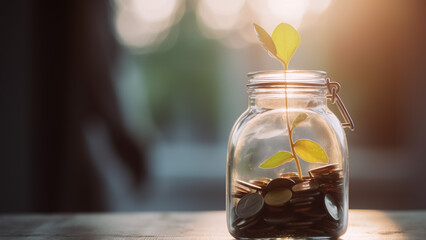Financial Growth Concept - Plant Growing from Coins in a Glass Jar on a Blurred Natural Background