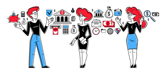 Business team analyzing and organizing financial deals vector outline illustration, entrepreneurs group working on some commercial project.