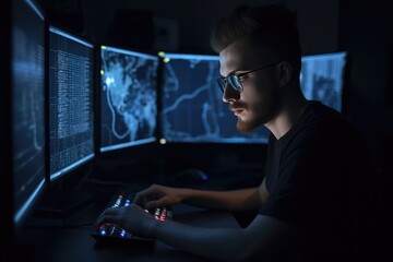 Programmer working at their computer, surrounded by monitors displaying code. Generative AI