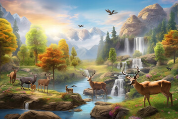 Nature Travel Lovely Countryside view Valley Meadow Beautiful Place Background with Mountains, Deer Animals, Flowers, Forest Trees, River, and Waterfall. 3d Interior Mural wall art Wallpape - obrazy, fototapety, plakaty