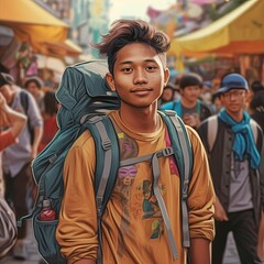 Illustration of a backpacker man and abstract art, AI Generated