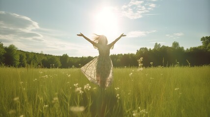 A young happy woman dancing in sunbeams at a green spring meadow feeling free. Generative AI.