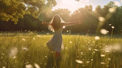 A young happy woman dancing in sunbeams at a green spring meadow feeling free. Generative AI.