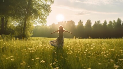 A young happy woman dancing in sunbeams at a green spring meadow feeling free. Generative AI.
