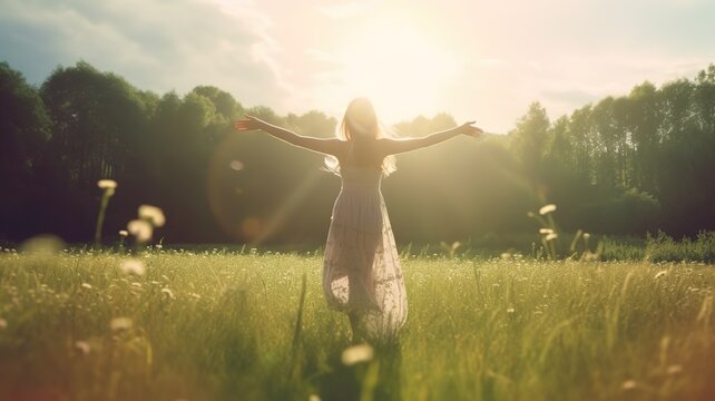 A young happy woman dancing in sunbeams at a green spring meadow feeling free. Generative AI.