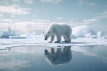 Naklejka na ściany i meble Polar bear walking on ice flea at the north pole, concept of global warming and climate change
