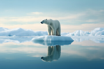 Plakat Polar bear walking on ice flea at the north pole, concept of global warming and climate change