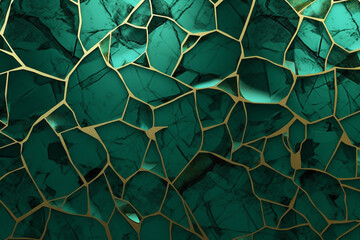 Cracked luxury marble stone with emerald green and gold, background banner or wallpaper, 8k