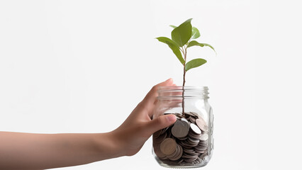 The hand holds a jar filled with coins and plants, white background