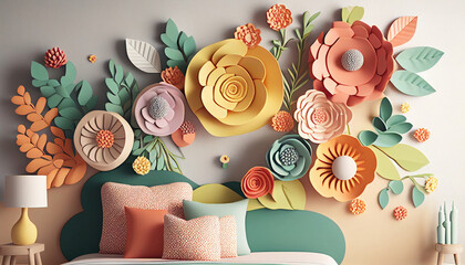 3d floral craft wallpaper. orange, rose, green and yellow flowers in light background. for kids room wall decor. Generative AI