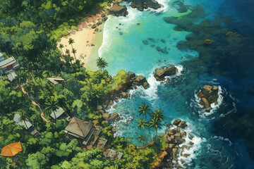Obraz na płótnie Canvas Tropical island drone view palm trees, beach and coastline, concept of summer travel and tourism, generative ai