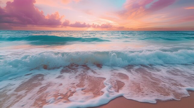 Waves on the beach at sunset, light pink and turquoise, serene maritime themes, desktop background, Ai generated 