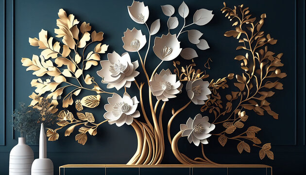 3d wallpaper floral tree background with white flower leaves and golden stem. interior wall home decor. Generative AI