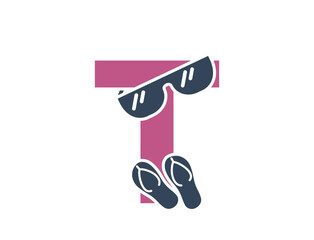 letter t with sunglasses and flip flops. creative vacation and resort alphabet logo. summer tourism design.