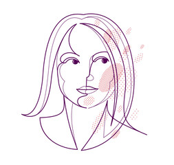 Beautiful face of attractive woman vector linear drawing, sensitive emotional line art adult girl portrait, feminine abstract face line art.