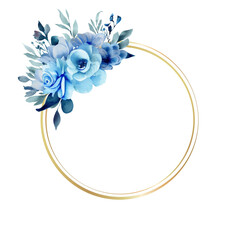 Watercolor blue floral wreath with golden circle