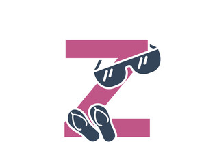 letter z with sunglasses and flip flops. vacation and resort text logo. summer tourism design. vector color image