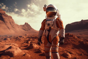 Astronaut walking on mars in spacesuit, concept of space exploration, future technology and inspiration