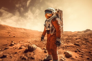 Astronaut walking on mars in spacesuit, concept of space exploration, future technology and inspiration