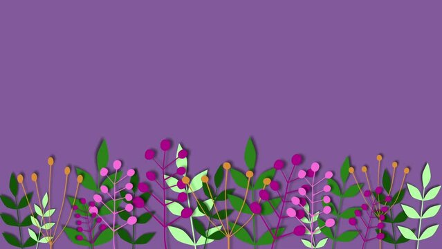 Cartoon. Colorful animated paper plants and flowres on a purple background with copy space.