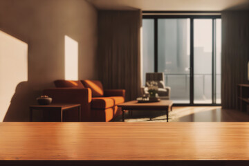Table top with Blurred sofa Home interior decoration